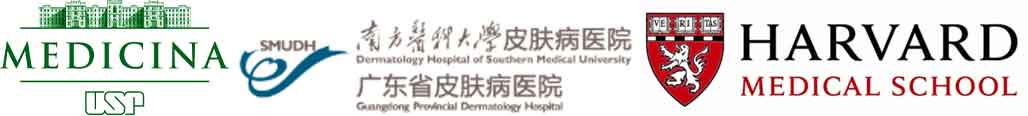Logotipos de Medicina USP, Hospital de Dermatologia da Universidade do Sul da China e Harvard Medical School